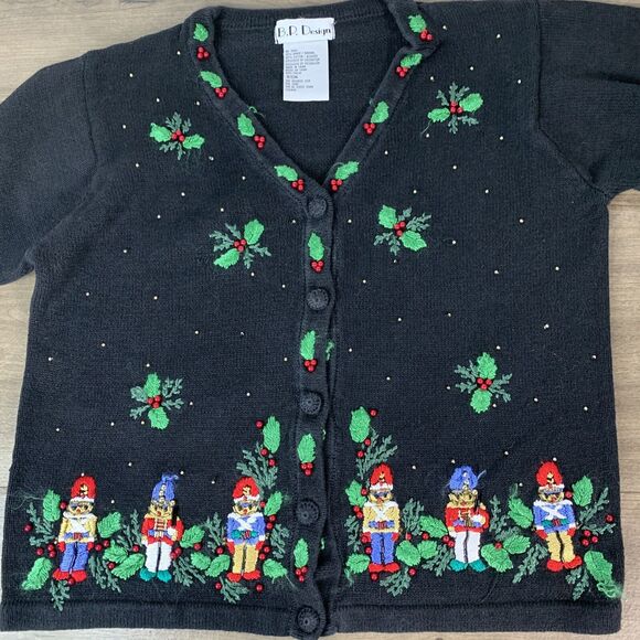 Ugly Sweater Holiday Cardigan Small Womens Black Embroidered -Vintage BP Design - Picture 3 of 8